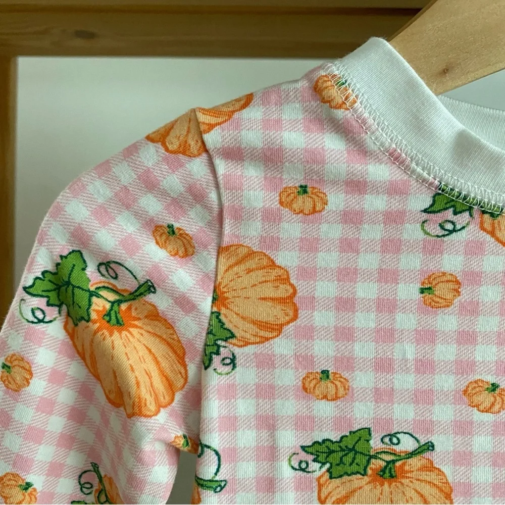 Classic Whimsy Pink Plaid Pumpkin Print Fall Halloween Pajama Set 18 months